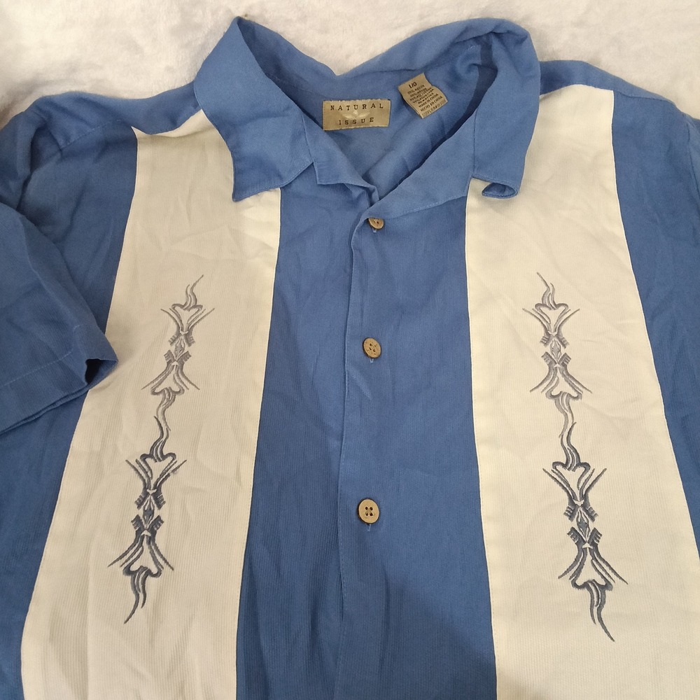 Natural Issue Mens Large Blue White Embroidered Bowling Camp Shirt Rayon Blend
